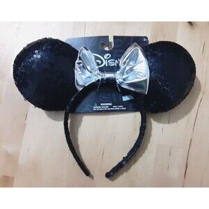 NWT Disney Her Minnie Mouse Ears Hat Headband Black Sequin Silver Bow